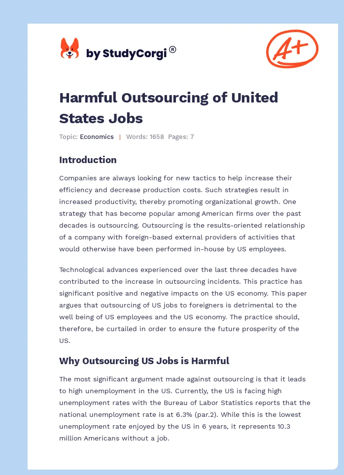 Harmful Outsourcing of United States Jobs. Page 1