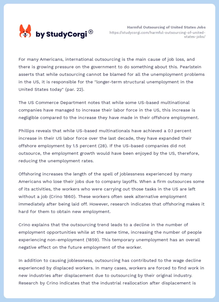Harmful Outsourcing of United States Jobs. Page 2