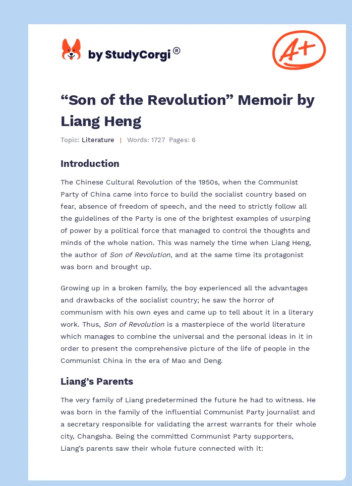 “Son of the Revolution” Memoir by Liang Heng. Page 1