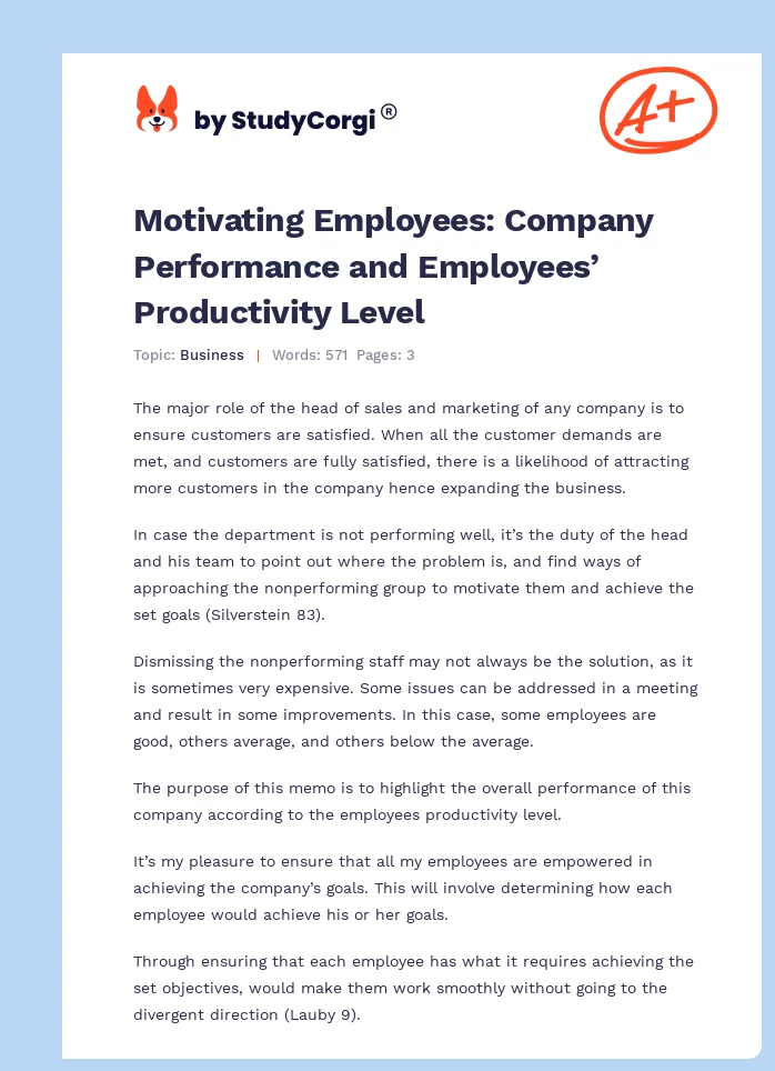 Motivating Employees: Company Performance and Employees’ Productivity Level. Page 1
