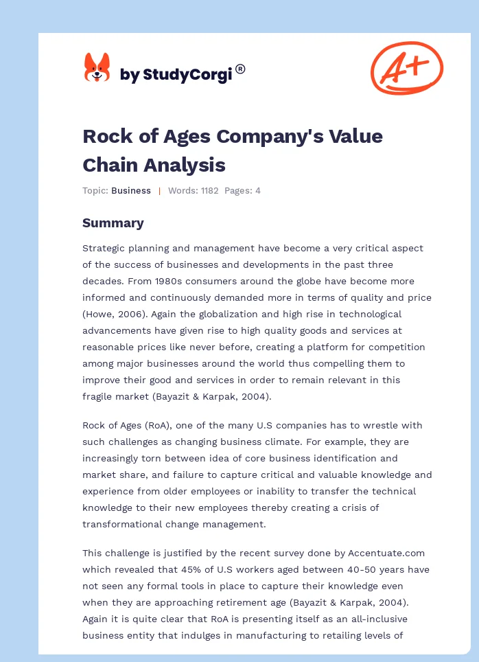 Rock of Ages Company's Value Chain Analysis. Page 1