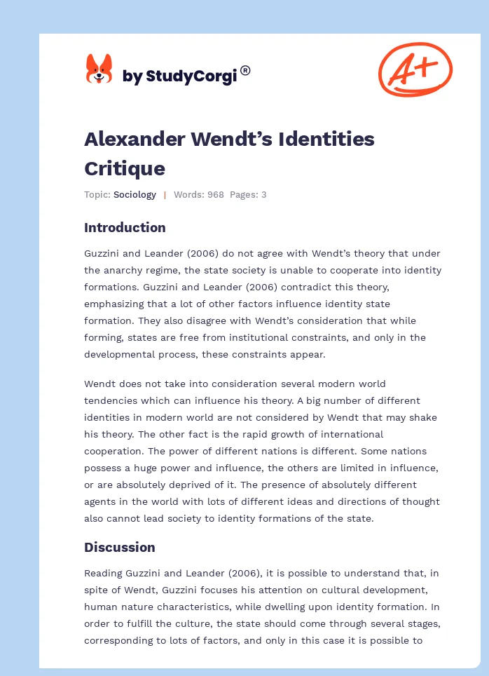 Alexander Wendt’s Identities Critique. Page 1