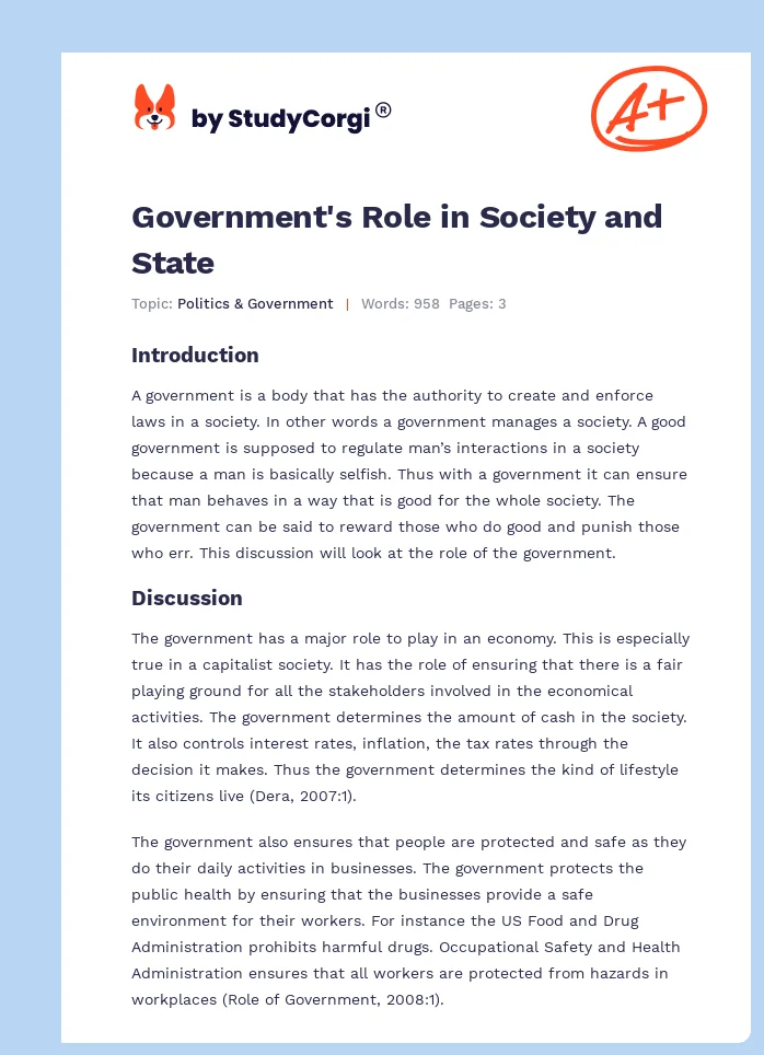Government's Role in Society and State. Page 1