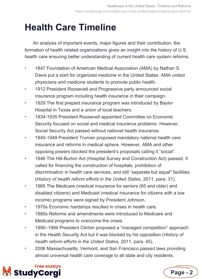 Healthcare in the United States: Timeline and Reforms. Page 2