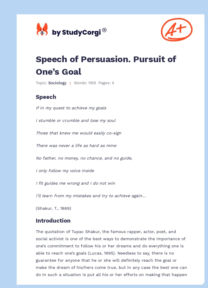 Speech of Persuasion. Pursuit of One’s Goal. Page 1