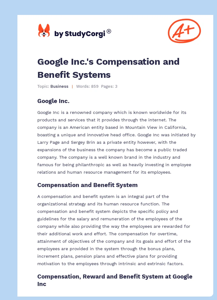 Google Inc.'s Compensation and Benefit Systems. Page 1