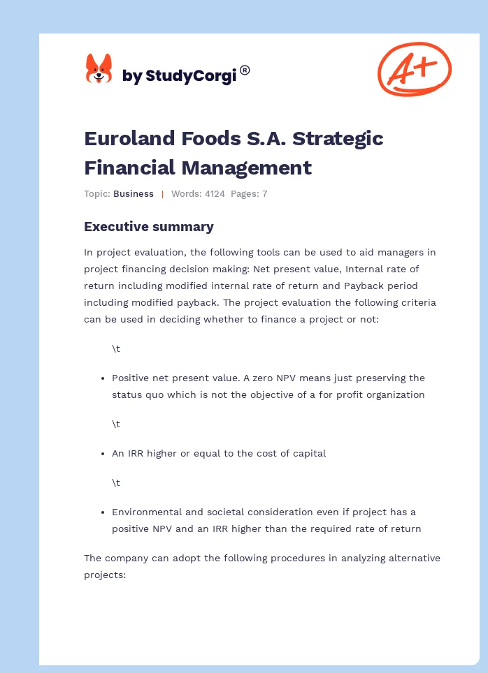 Euroland Foods S.A. Strategic Financial Management. Page 1