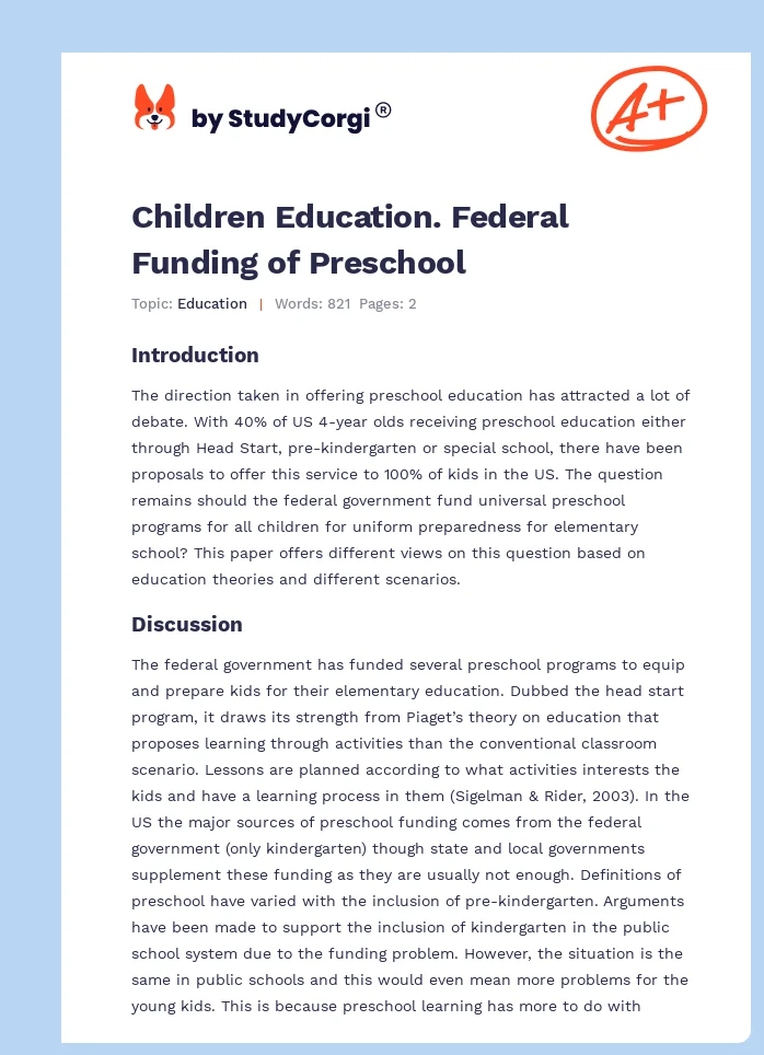 Children Education. Federal Funding of Preschool. Page 1