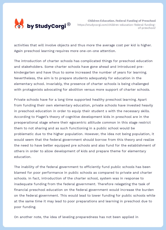 Children Education. Federal Funding of Preschool. Page 2