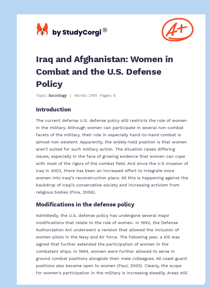 Iraq and Afghanistan: Women in Combat and the U.S. Defense Policy. Page 1