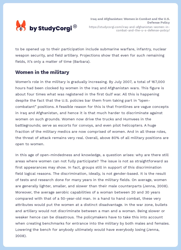 Iraq and Afghanistan: Women in Combat and the U.S. Defense Policy. Page 2