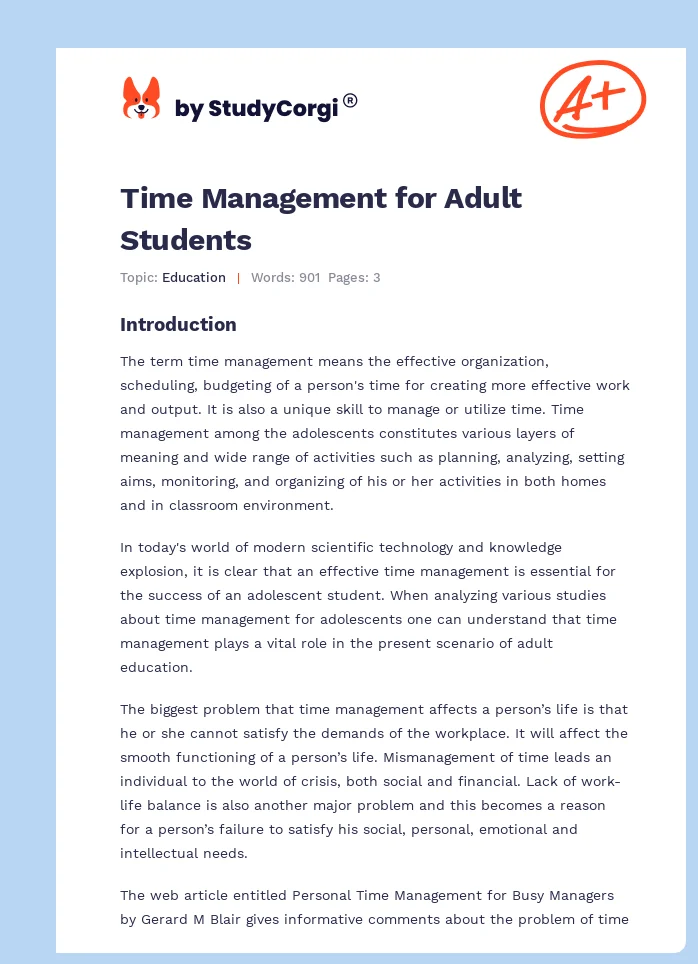 Time Management for Adult Students. Page 1
