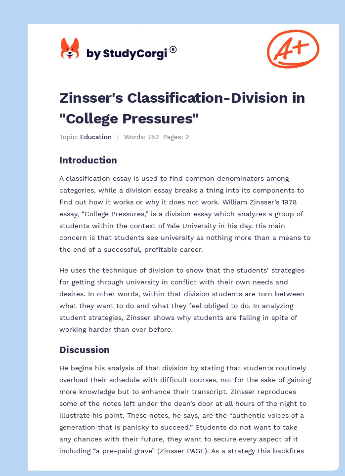 Zinsser's Classification-Division in "College Pressures". Page 1