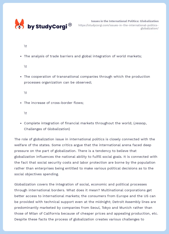 Issues in the International Politics: Globalization. Page 2