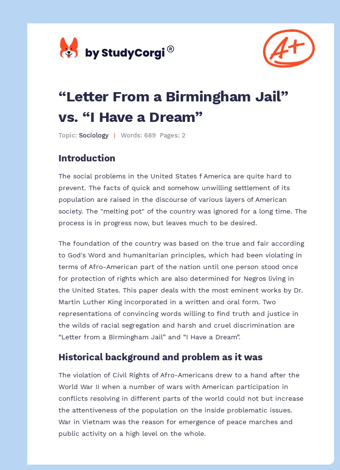 “Letter From a Birmingham Jail” vs. “I Have a Dream”. Page 1
