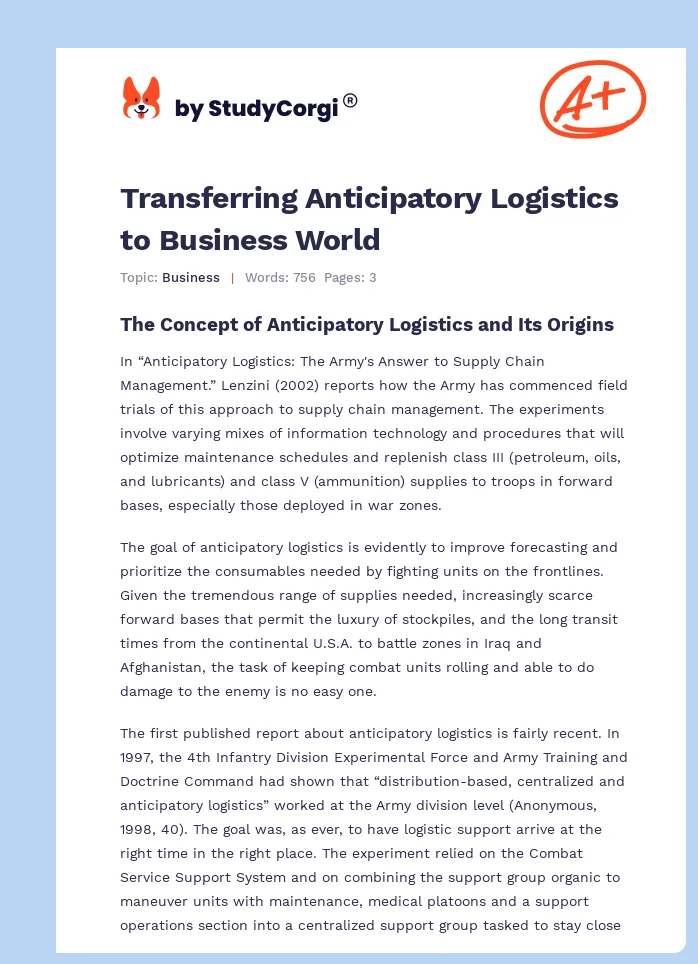 Transferring Anticipatory Logistics to Business World. Page 1
