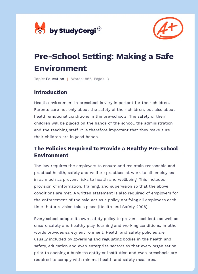 Pre-School Setting: Making a Safe Environment. Page 1