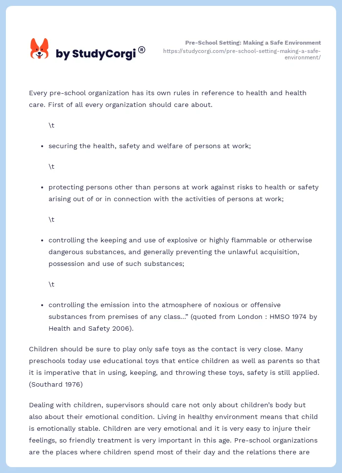 Pre-School Setting: Making a Safe Environment. Page 2