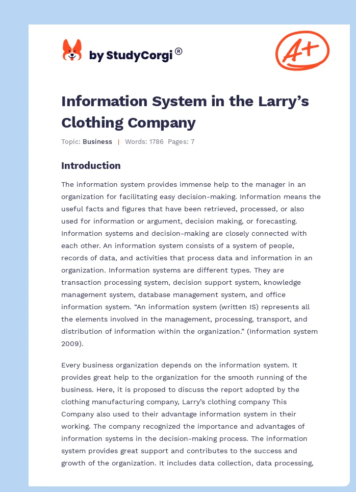 Information System in the Larry’s Clothing Company. Page 1