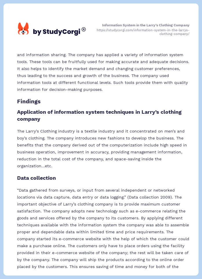 Information System in the Larry’s Clothing Company. Page 2