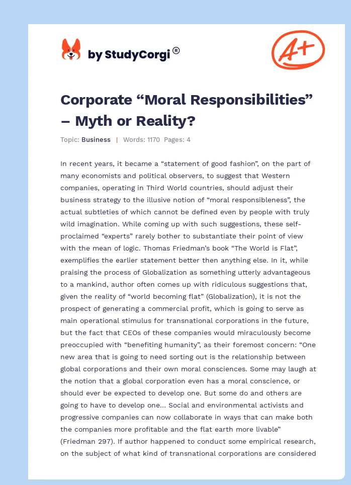 Corporate “Moral Responsibilities” – Myth or Reality?. Page 1