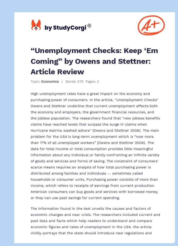 “Unemployment Checks: Keep ‘Em Coming” by Owens and Stettner: Article Review. Page 1