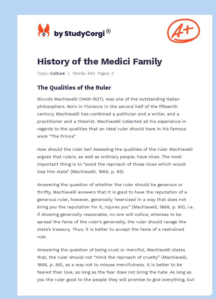History of the Medici Family. Page 1
