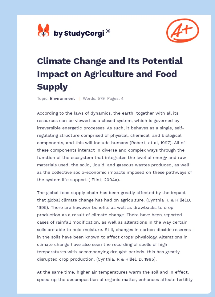 Climate Change and Its Potential Impact on Agriculture and Food Supply. Page 1