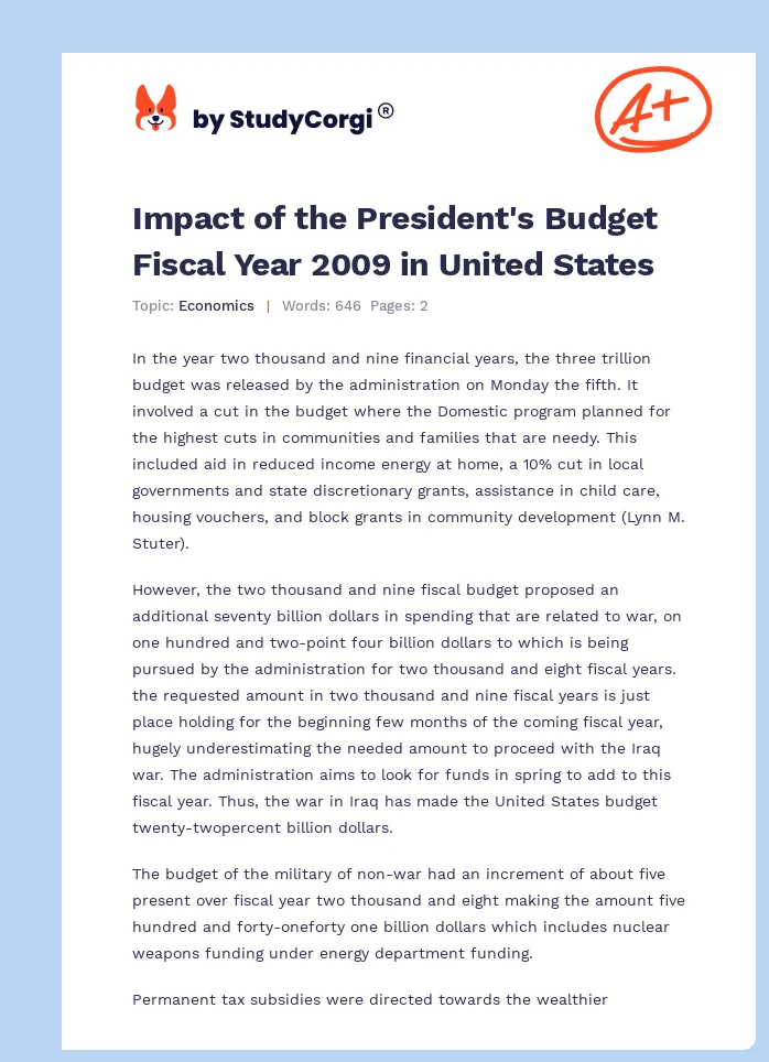 Impact of the President's Budget Fiscal Year 2009 in United States. Page 1