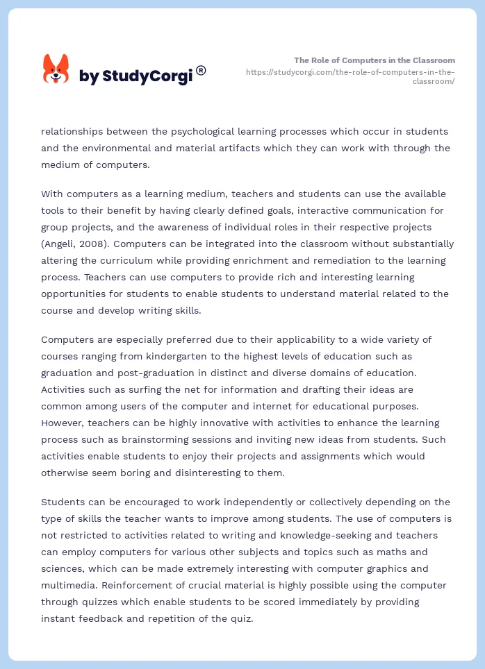 The Role of Computers in the Classroom. Page 2