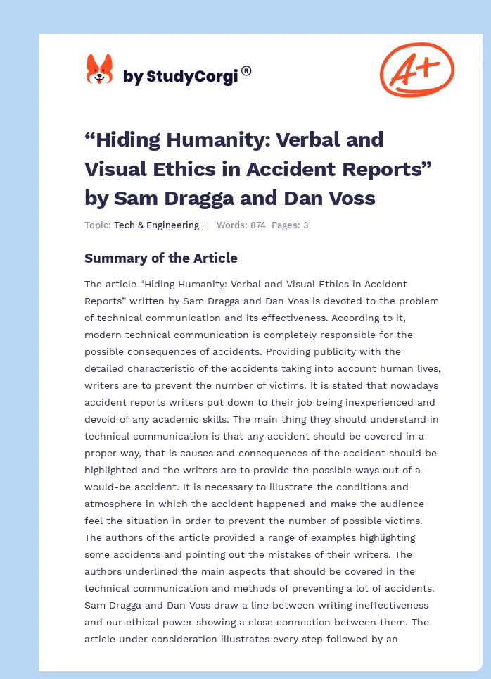“Hiding Humanity: Verbal and Visual Ethics in Accident Reports” by Sam Dragga and Dan Voss. Page 1