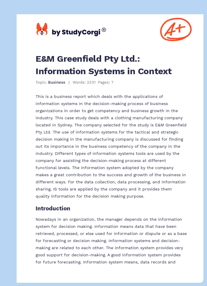 E&M Greenfield Pty Ltd.: Information Systems in Context. Page 1