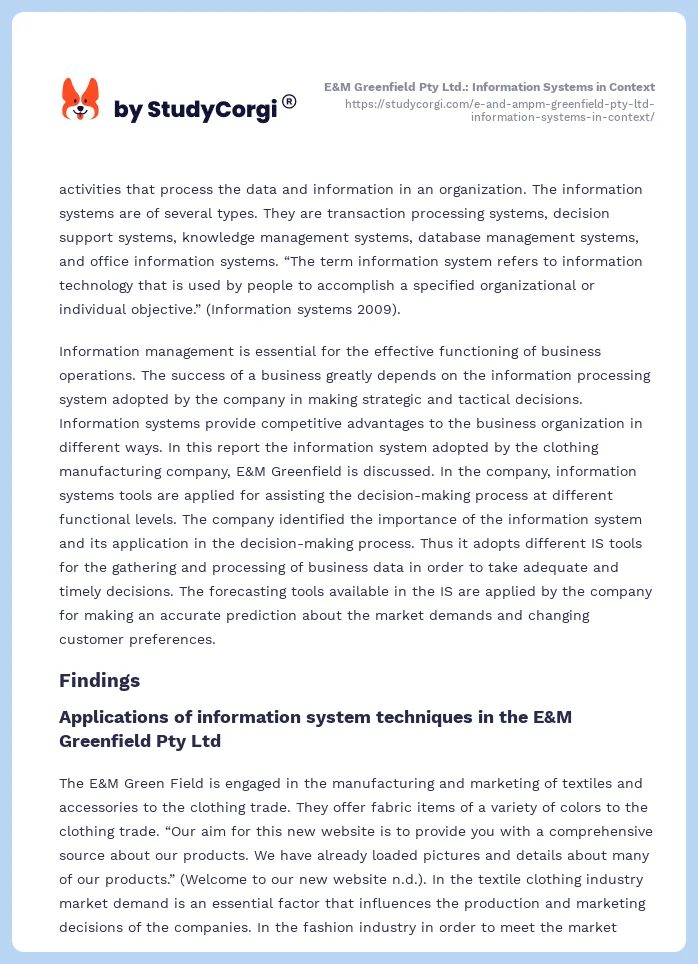 E&M Greenfield Pty Ltd.: Information Systems in Context. Page 2