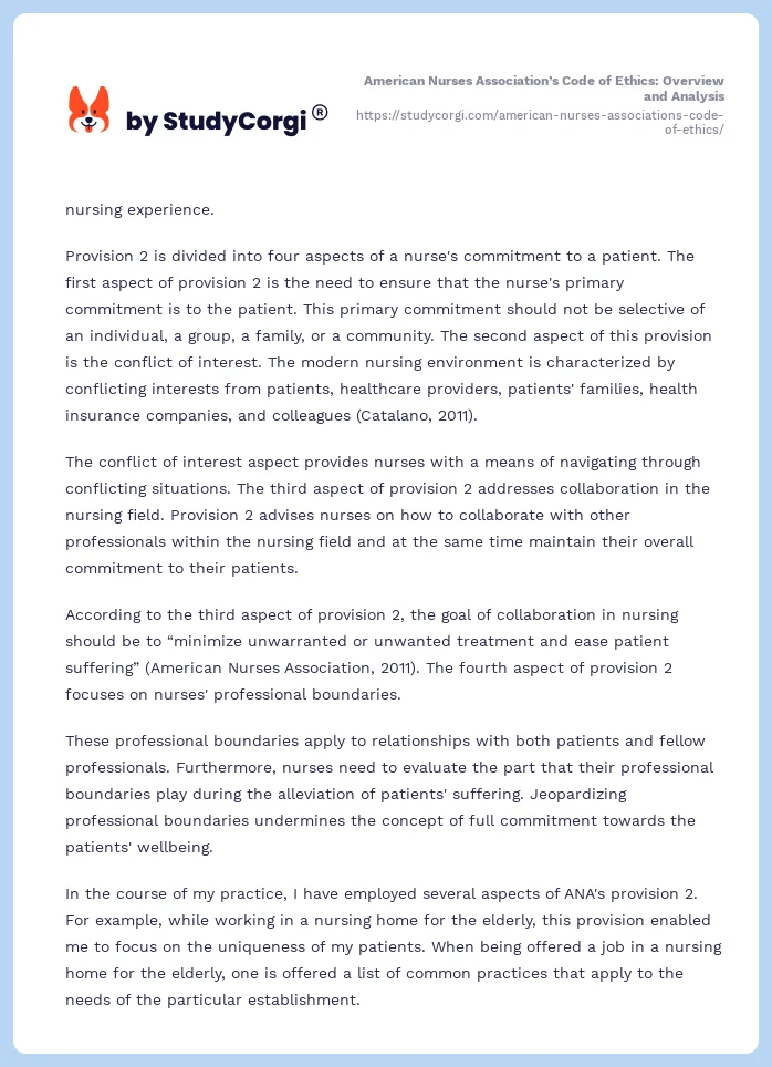 American Nurses Association’s Code of Ethics: Overview and Analysis. Page 2