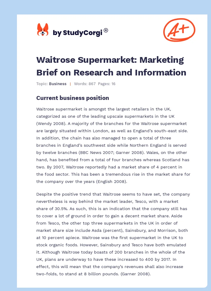 Waitrose Supermarket: Marketing Brief on Research and Information. Page 1