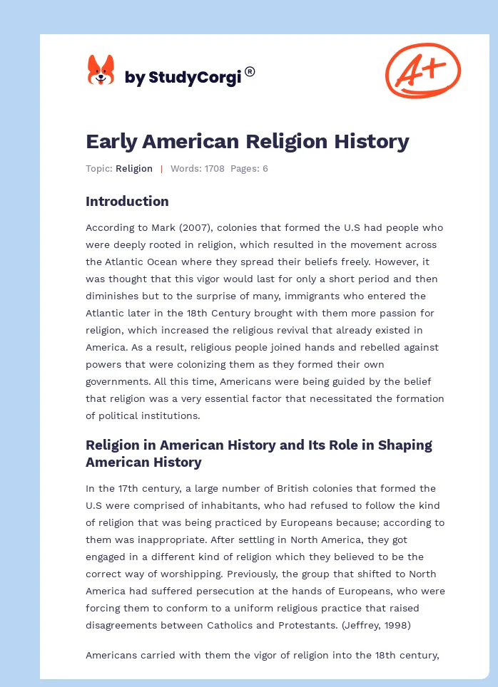 Early American Religion History. Page 1