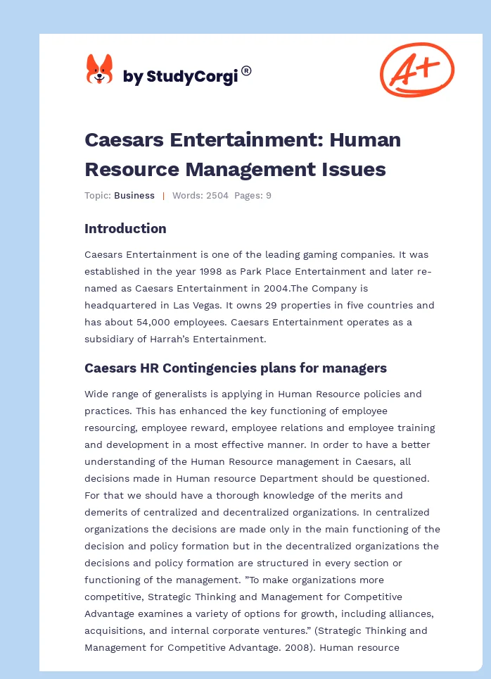 Caesars Entertainment: Human Resource Management Issues. Page 1