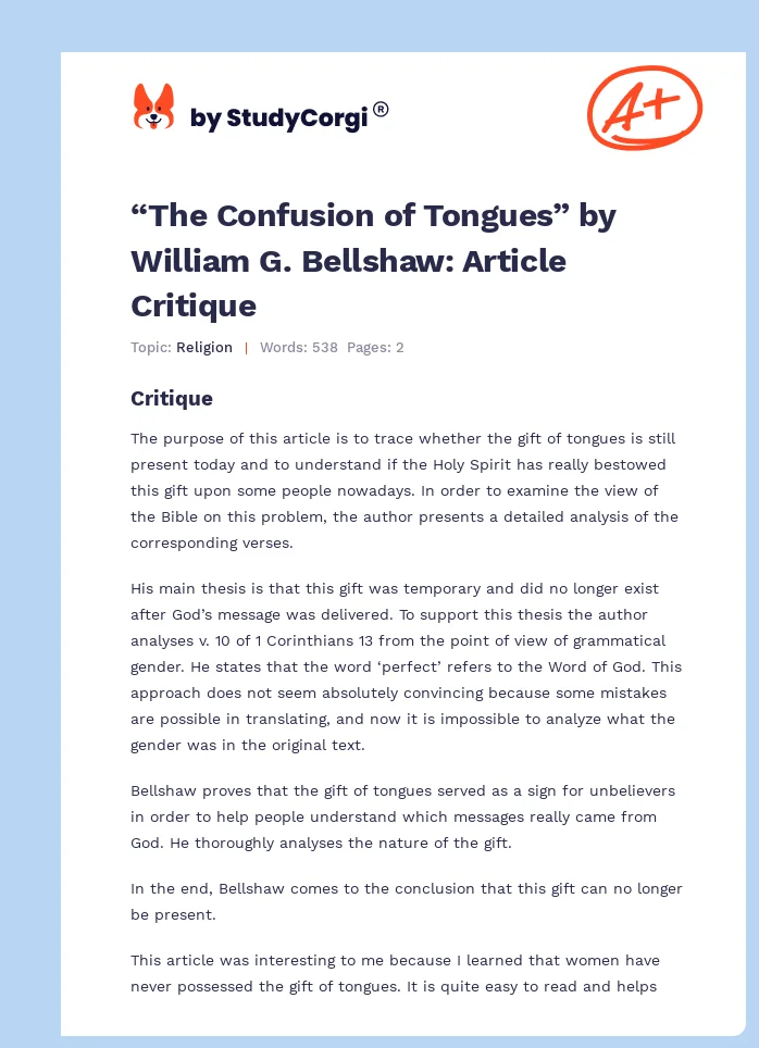 “The Confusion of Tongues” by William G. Bellshaw: Article Critique. Page 1