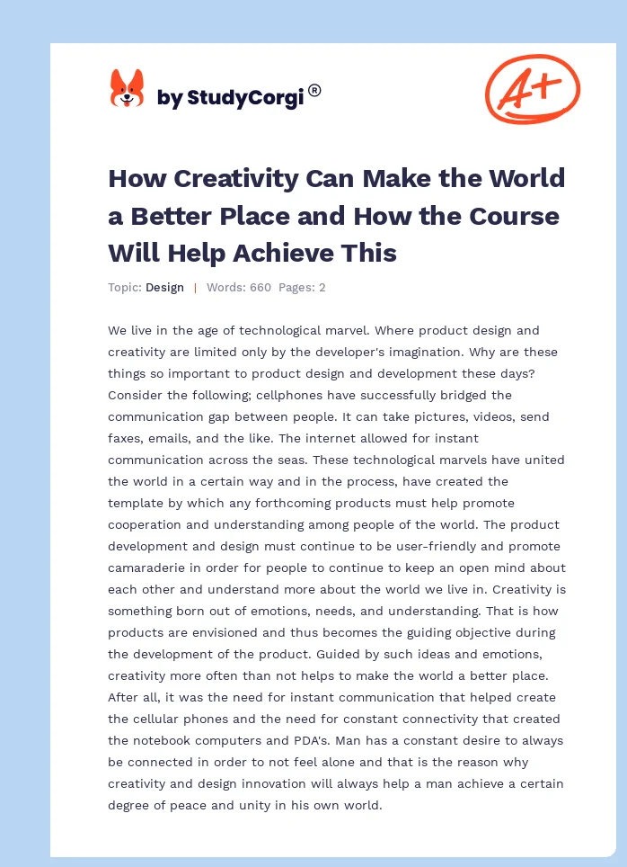 How Creativity Can Make the World a Better Place and How the Course Will Help Achieve This. Page 1