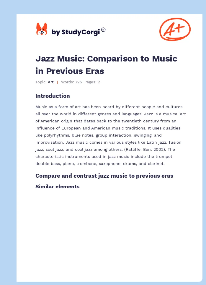 Jazz Music: Comparison to Music in Previous Eras. Page 1