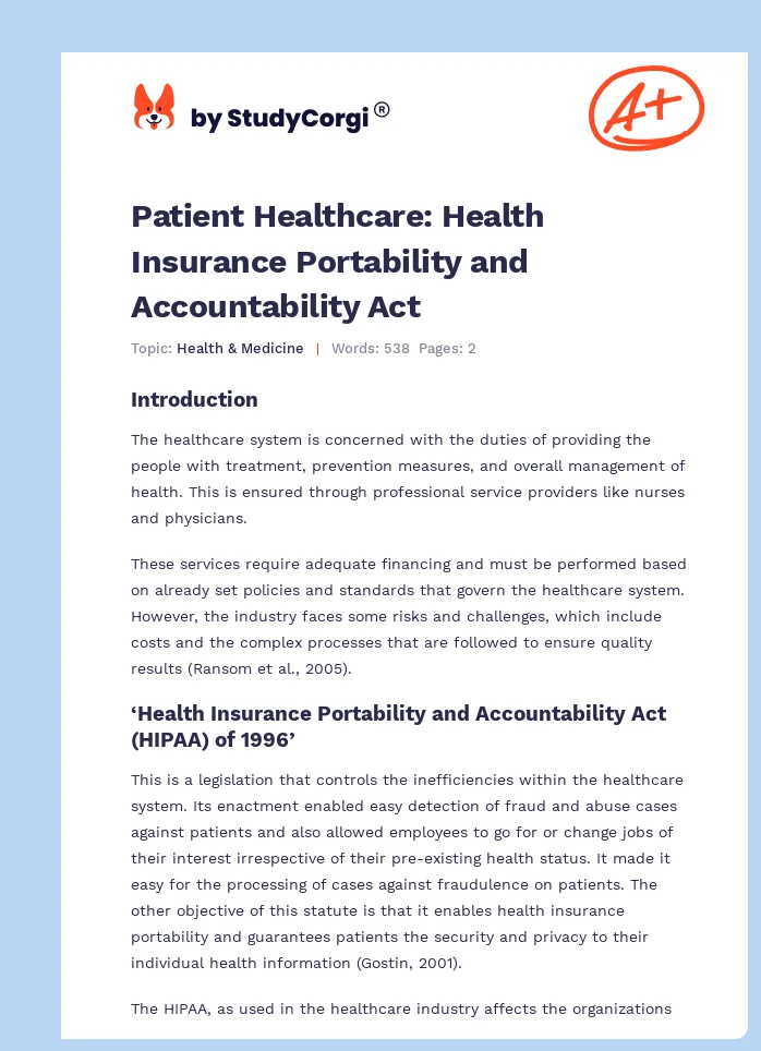 Patient Healthcare: Health Insurance Portability and Accountability Act. Page 1