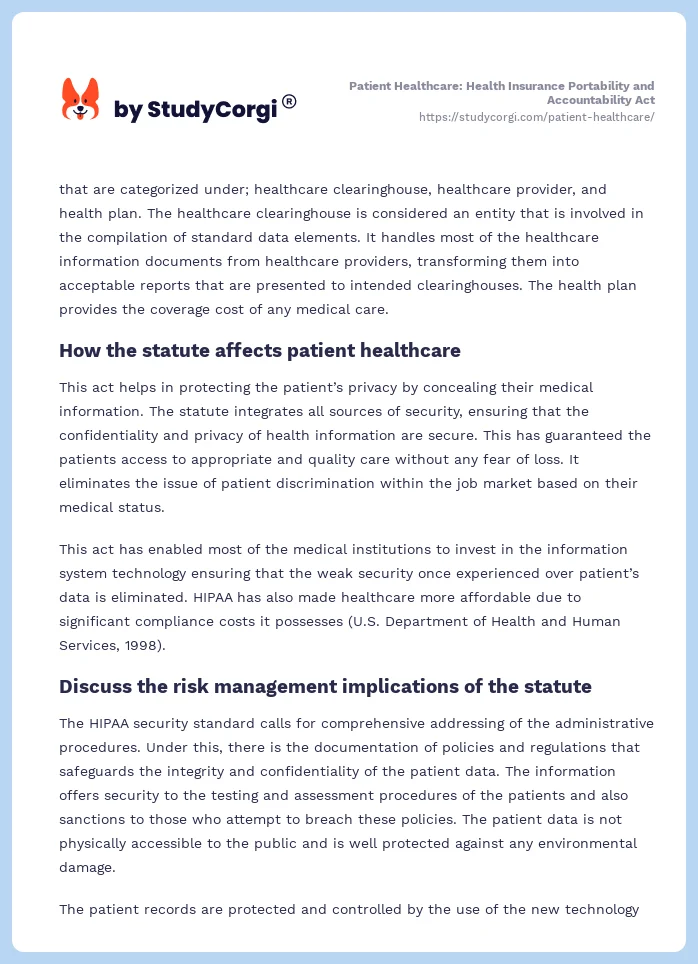Patient Healthcare: Health Insurance Portability and Accountability Act. Page 2