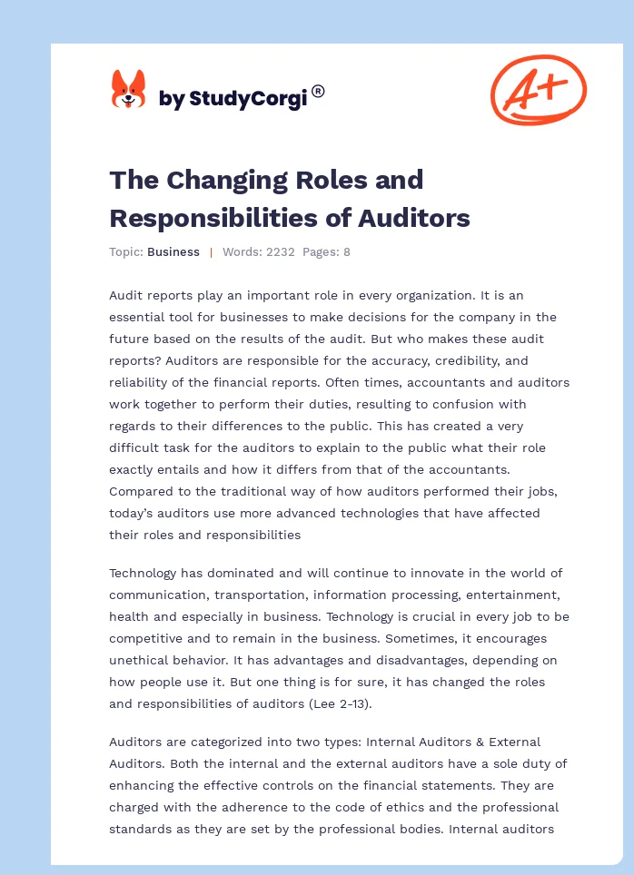 The Changing Roles and Responsibilities of Auditors. Page 1