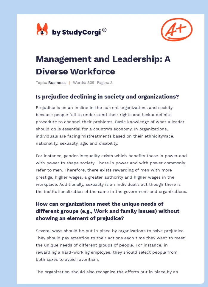 Management and Leadership: A Diverse Workforce. Page 1