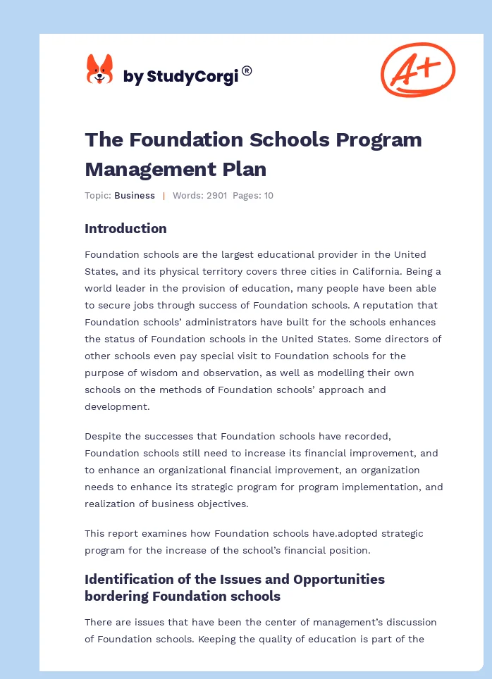 The Foundation Schools Program Management Plan. Page 1