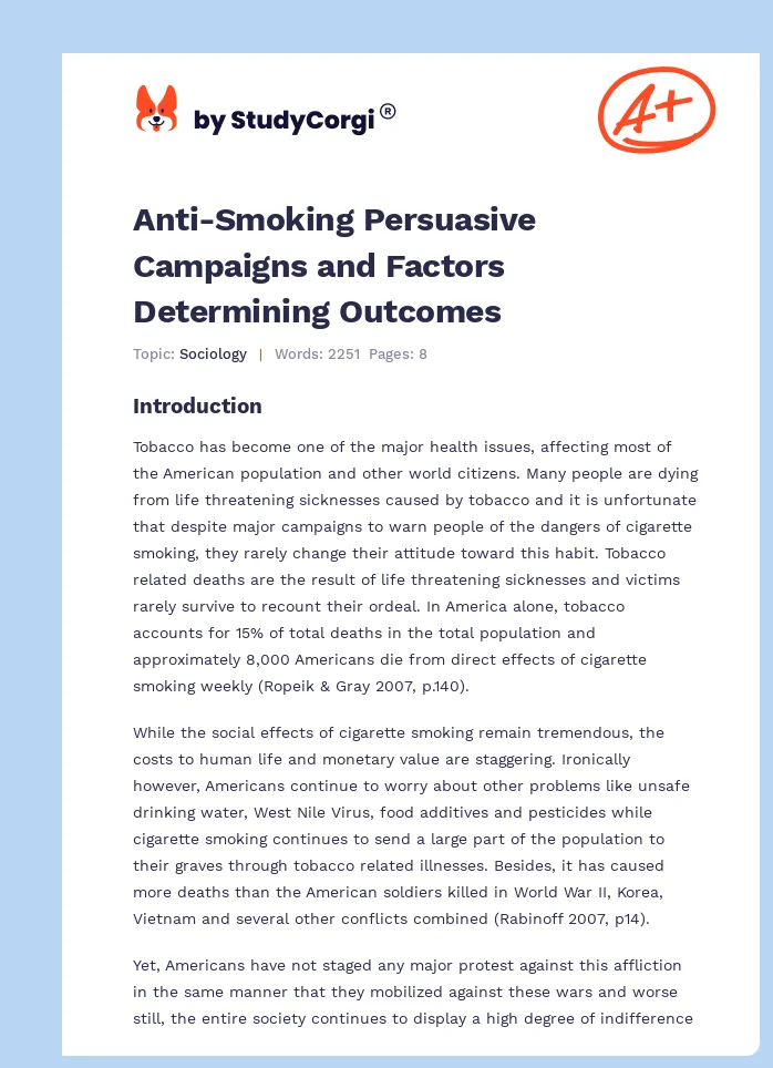 Anti-Smoking Persuasive Campaigns and Factors Determining Outcomes. Page 1