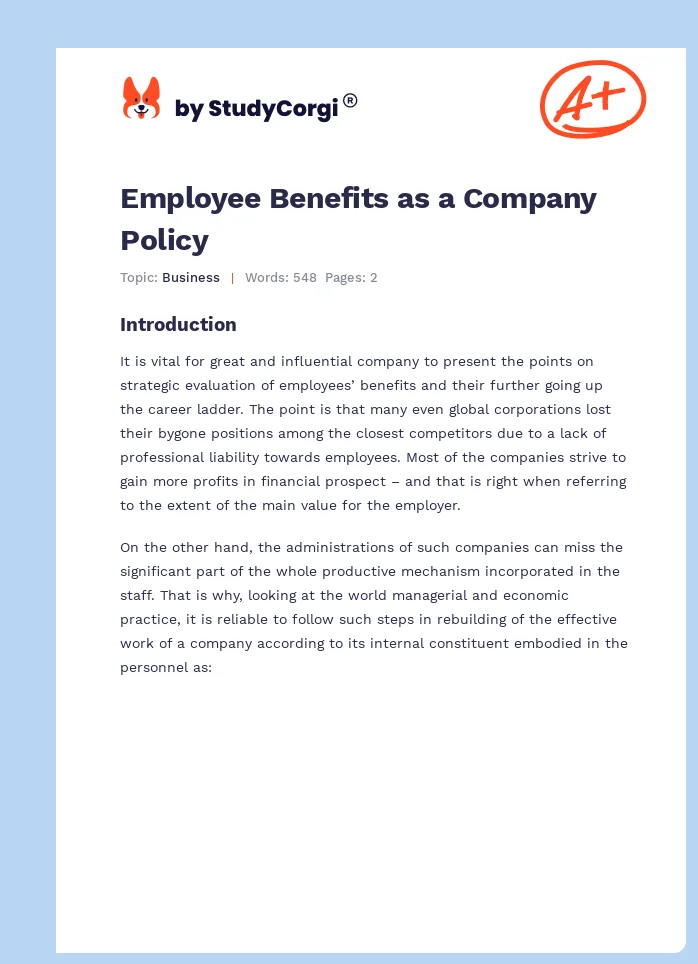 Employee Benefits as a Company Policy. Page 1