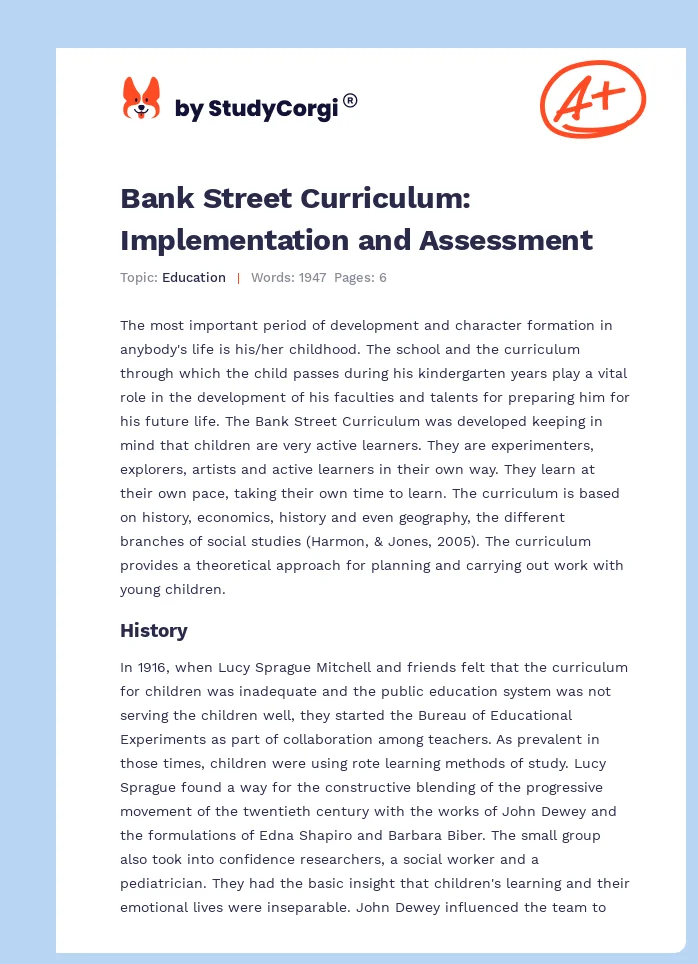 Bank Street Curriculum: Implementation and Assessment. Page 1