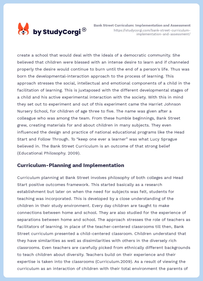 Bank Street Curriculum: Implementation and Assessment. Page 2