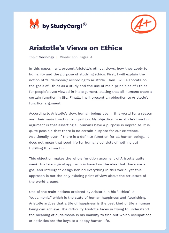 Aristotle’s Views on Ethics. Page 1